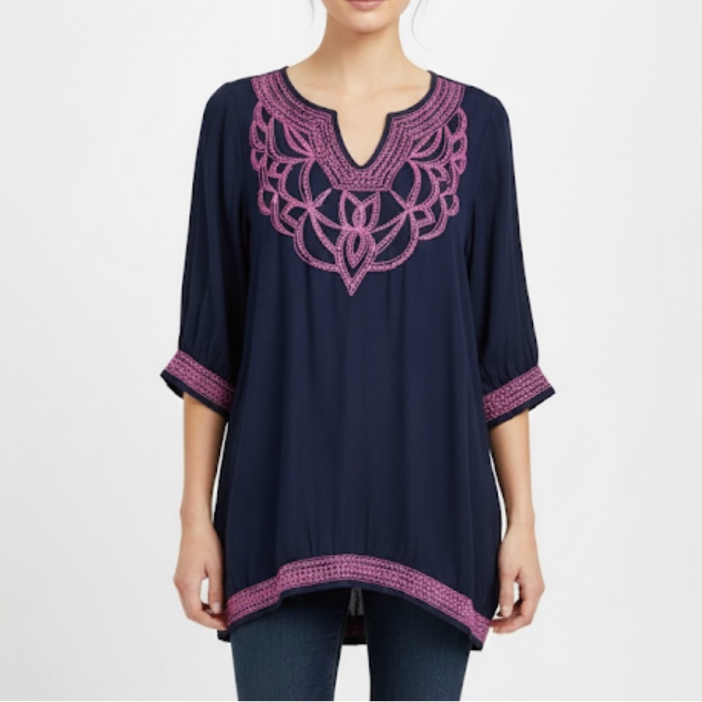 Gretchen‎ Scott Navy Blue Pink Embroidery V Neck Gauze Pockets Tunic Dress LARGE
